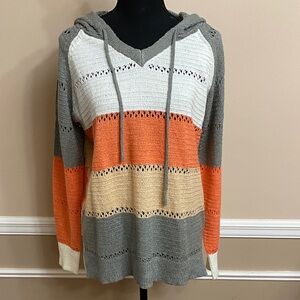 Striped Gray and Orange Knit Hoodie Large NWOT